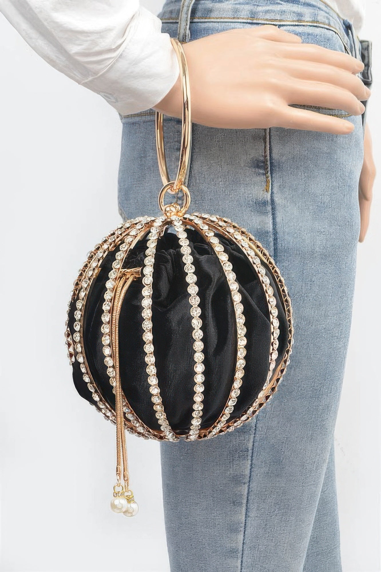 Rhinestone round cage party bag with chain strap, elegant accessory for women by Toshe Women's Fashions, stylish evening clutch.