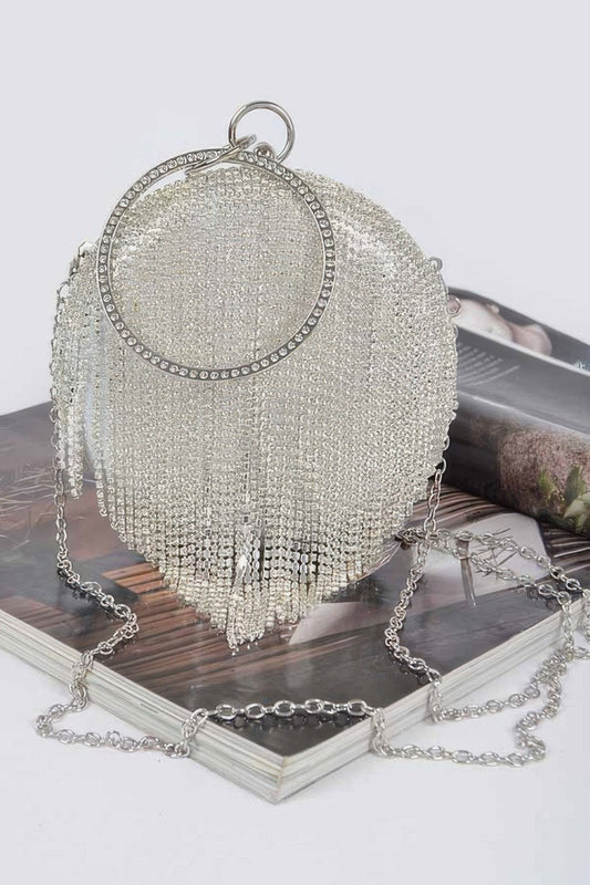 Rhinestone fringe round party bag with glittering embellishments, designed for evening events and special occasions.
