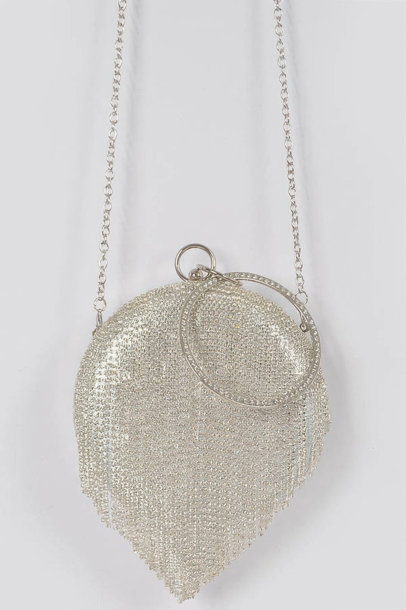 Rhinestone fringe round party bag with sparkling embellishments, stylish accessory by Toshe Women's Fashions.
