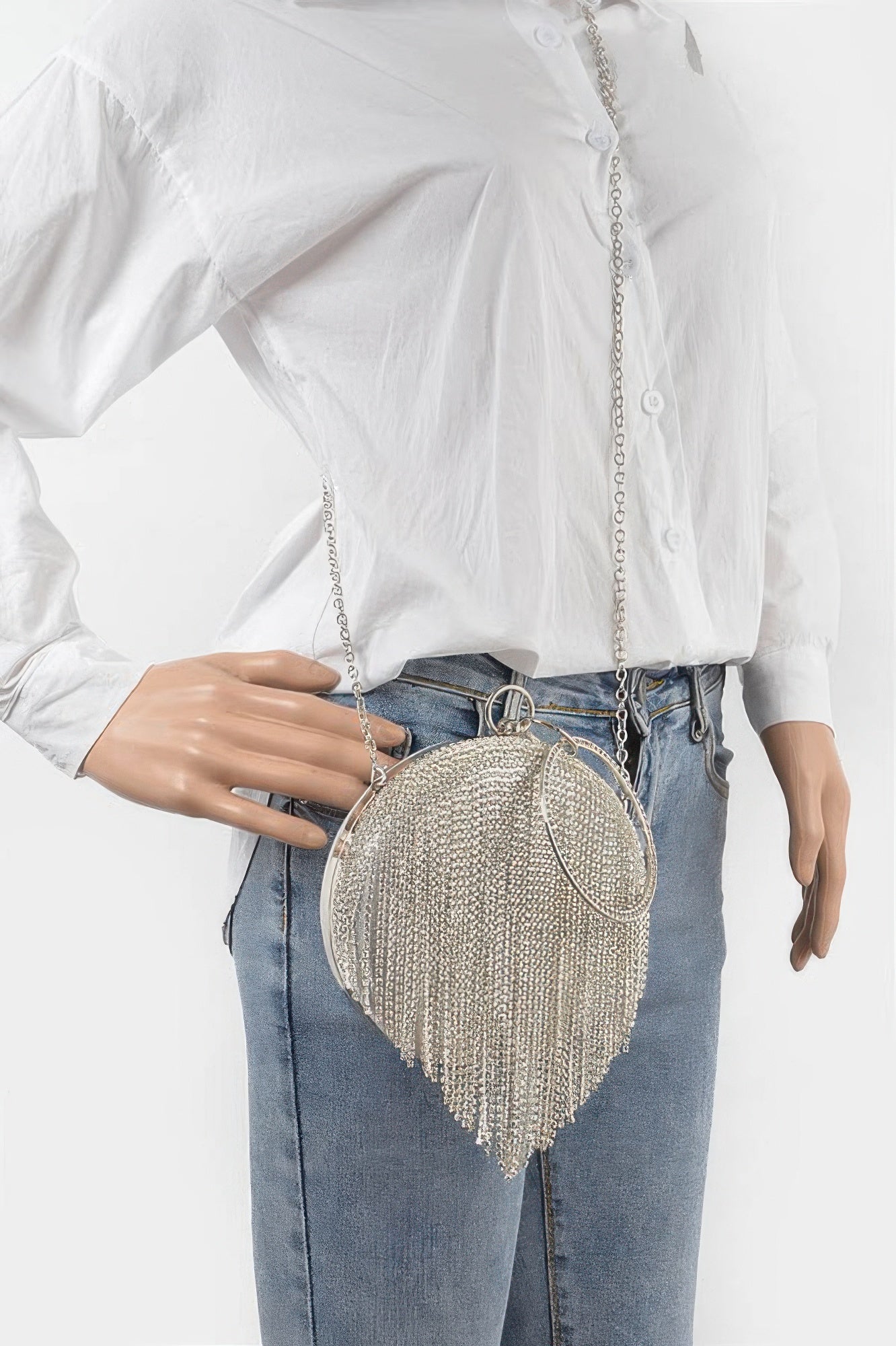 Rhinestone fringe round party bag with sparkling embellishments, designed by Toshe Women's Fashions, perfect for celebrations.
