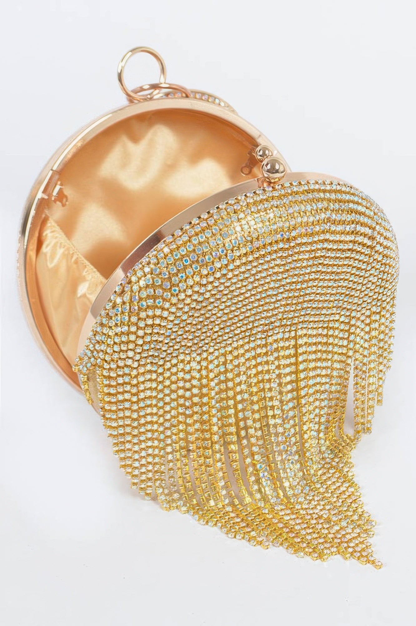 Shiny rhinestone fringe round party bag with beaded details, designed by Toshe Women's Fashions for evening events.