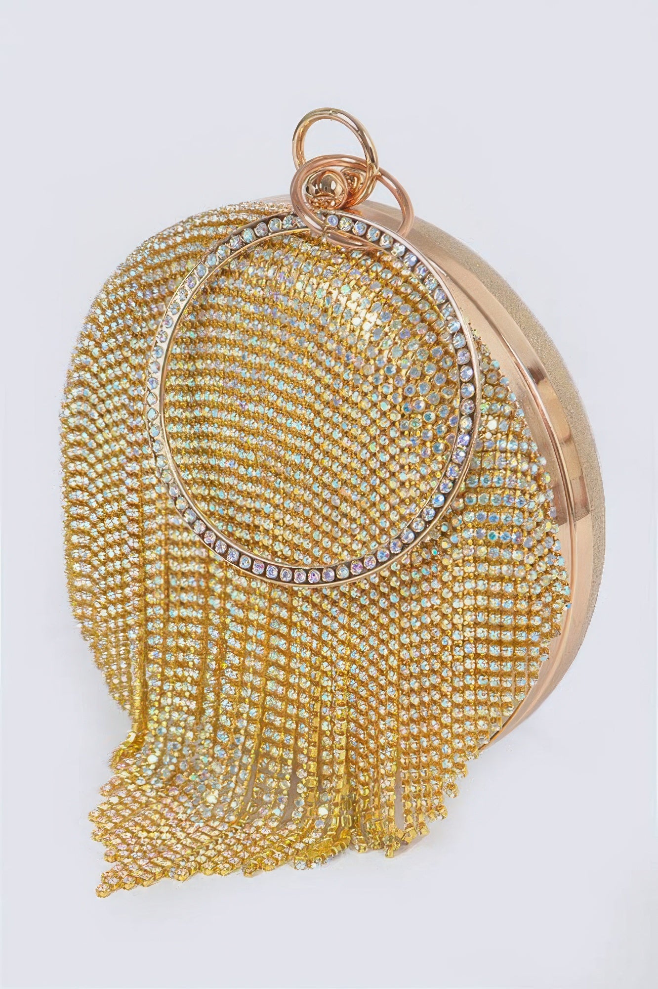 Rhinestone fringe round party bag with sparkling embellishments, designed by Toshe Women's Fashions, perfect for festive occasions.