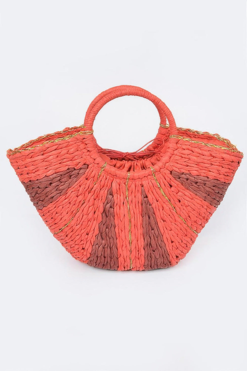 Orange two-tone straw tote bag with shoulder straps and spacious interior, stylish accessory from Toshe Women's Fashions.