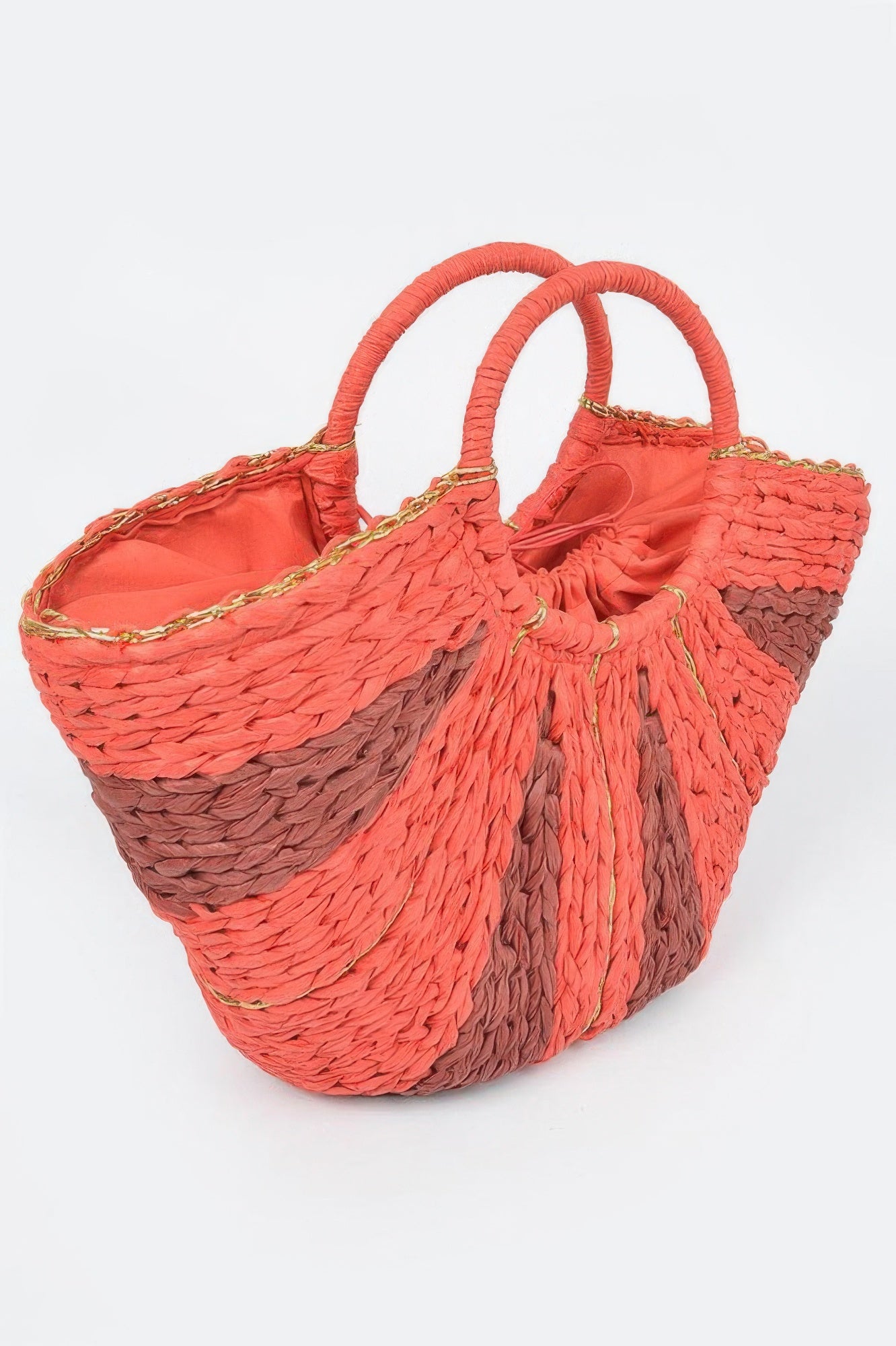 Orange two-tone straw tote bag with leather handles from Toshe Women's Fashions, featuring spacious interior and stylish design.