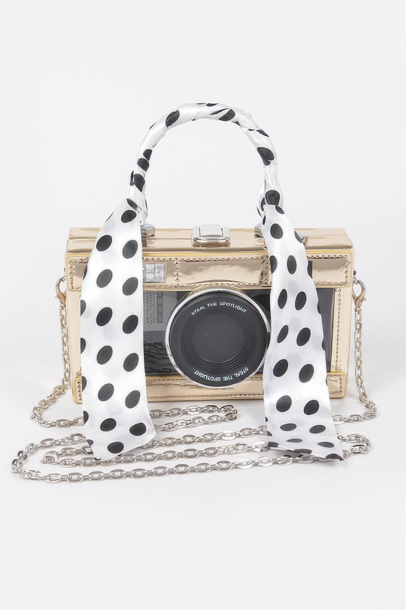Vegan leather mirror top-handle clutch with clear design and camera bag style from Toshe Women's Fashions.