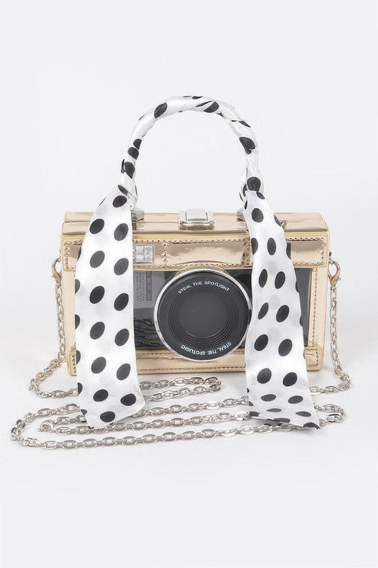 Vegan leather mirror top-handle clutch with clear design and camera bag style from Toshe Women's Fashions.