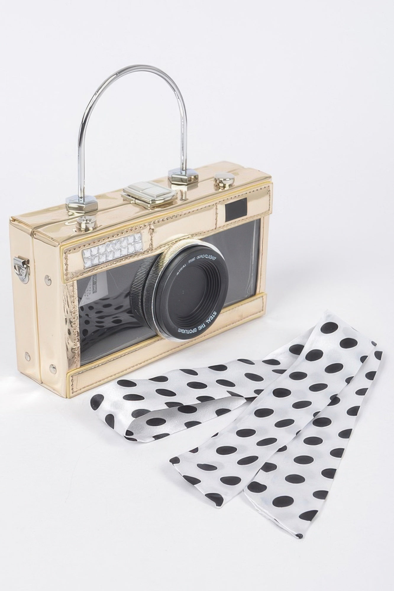 Vegan leather clear top-handle camera clutch bag with mirror by Toshe Women's Fashions, featuring a sleek, modern design.