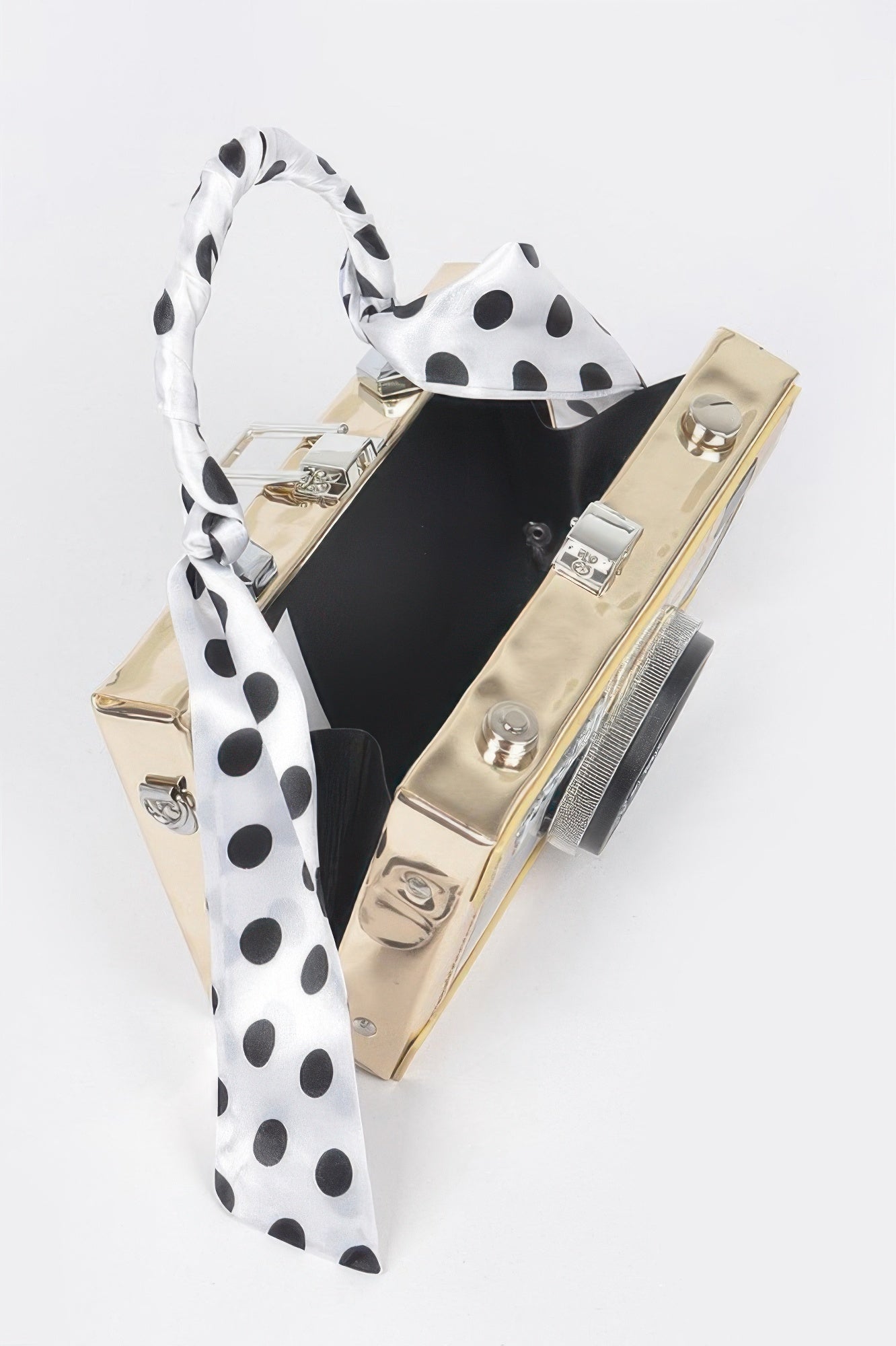 Vegan leather clear top-handle camera clutch bag with mirror detail from Toshe Women's Fashions.