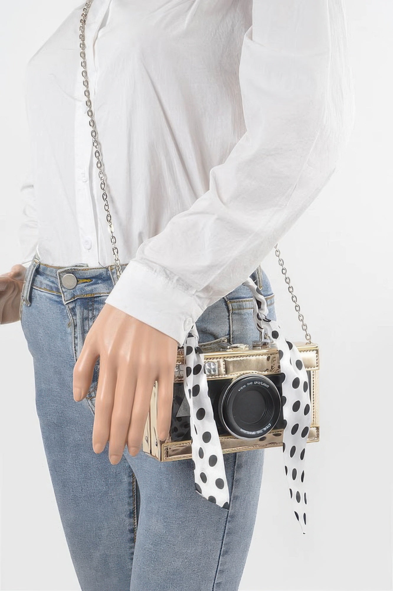 Vegan leather clear top-handle camera clutch bag with mirror detail from Toshe Women's Fashions, featuring sleek design and transparent material.