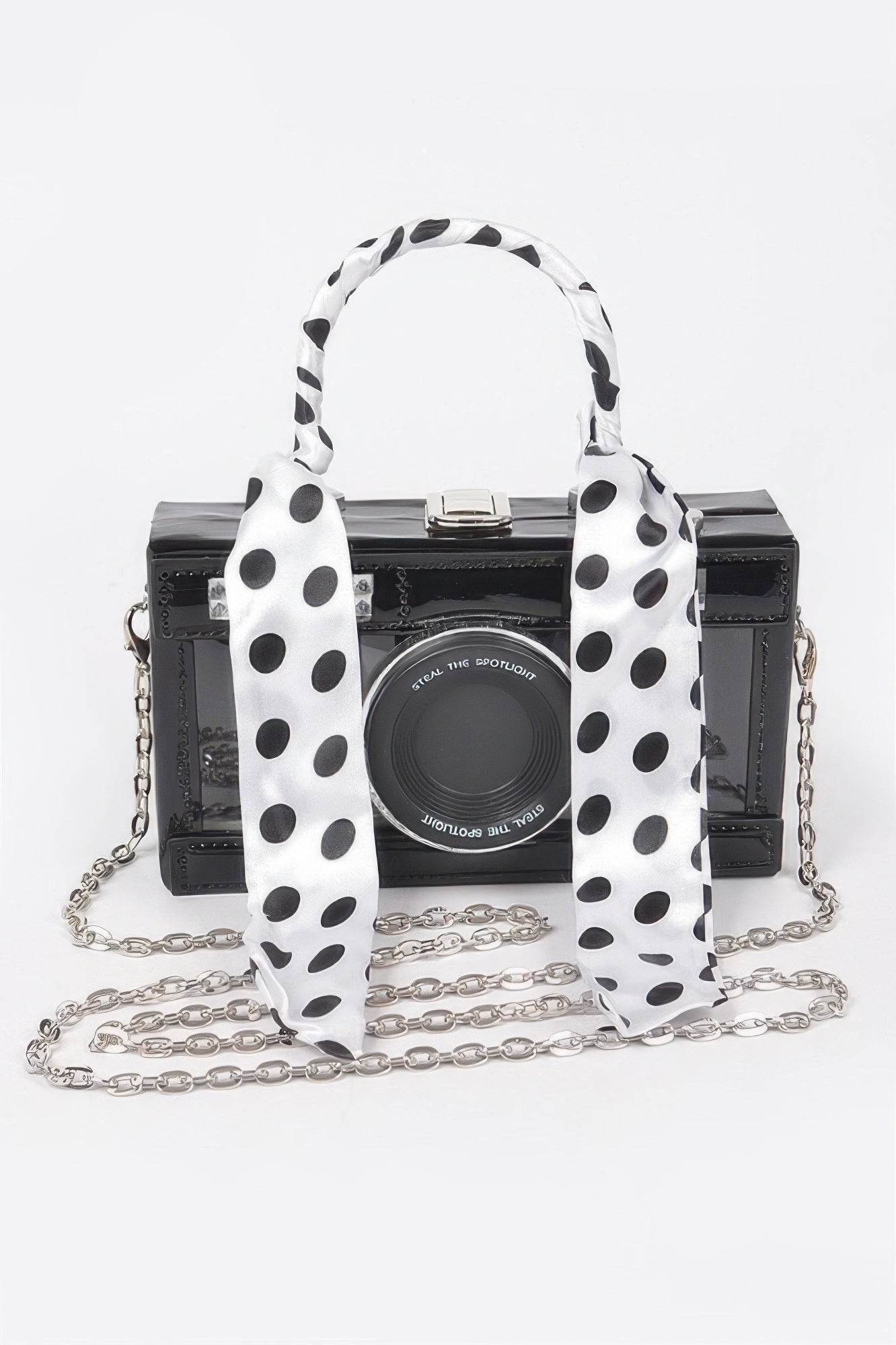Mirror vegan leather clear top-handle camera clutch with sleek design, perfect for stylish photography accessories.