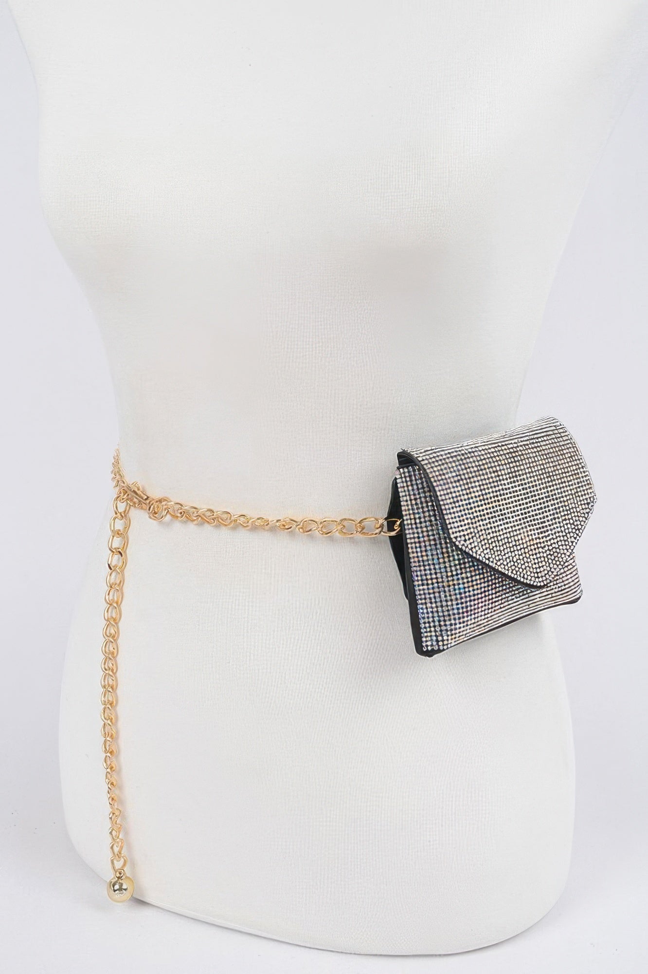 Shimmering rhinestone mini bag with chain belt, stylish accessory from Toshe Women's Fashions, featuring a compact design and decorative stones.