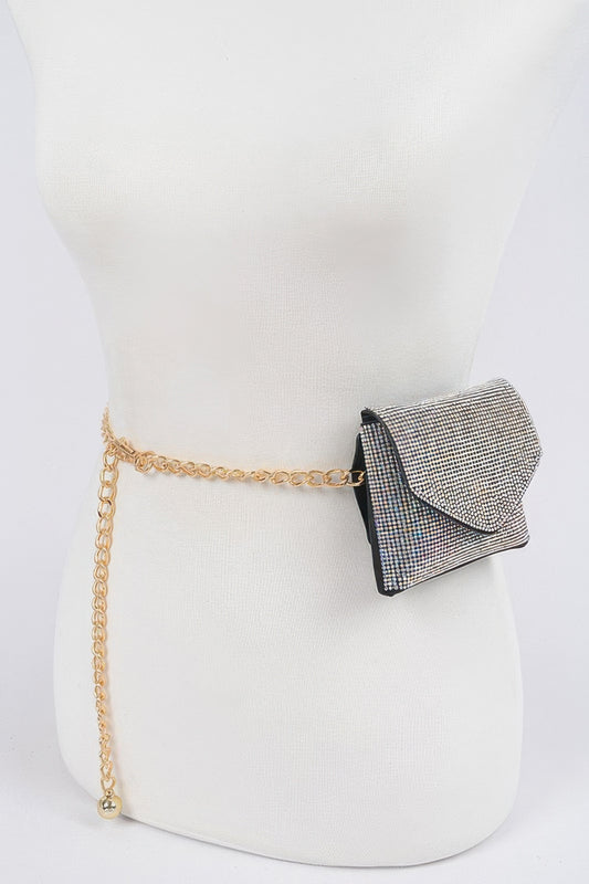 Shimmering rhinestone mini bag with chain belt, stylish accessory from Toshe Women's Fashions, featuring a compact design and decorative stones.