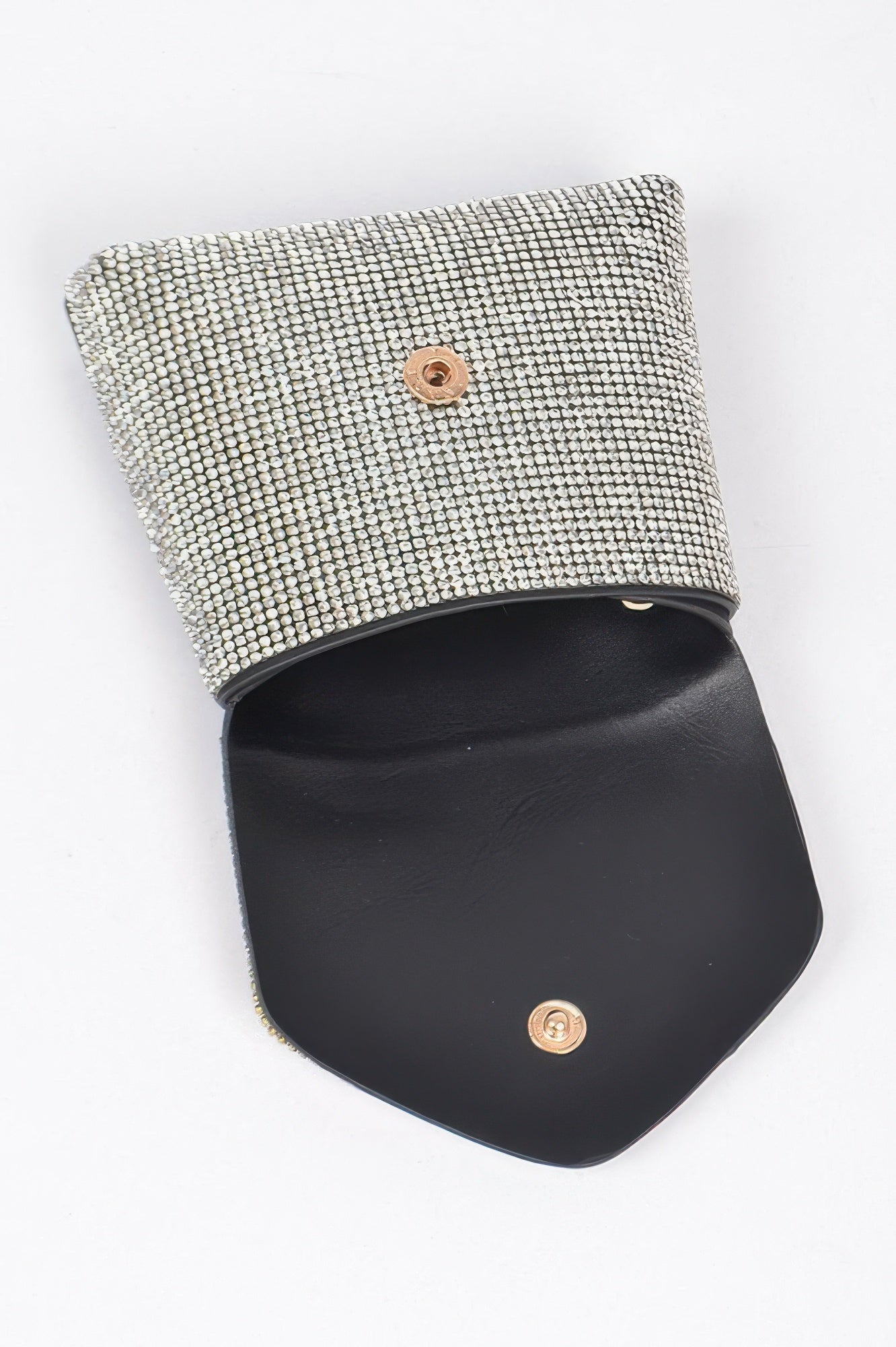Shiny rhinestone mini bag with chain belt, stylish accessory from Toshe Women's Fashions, featuring sparkling embellishments and a sleek design.