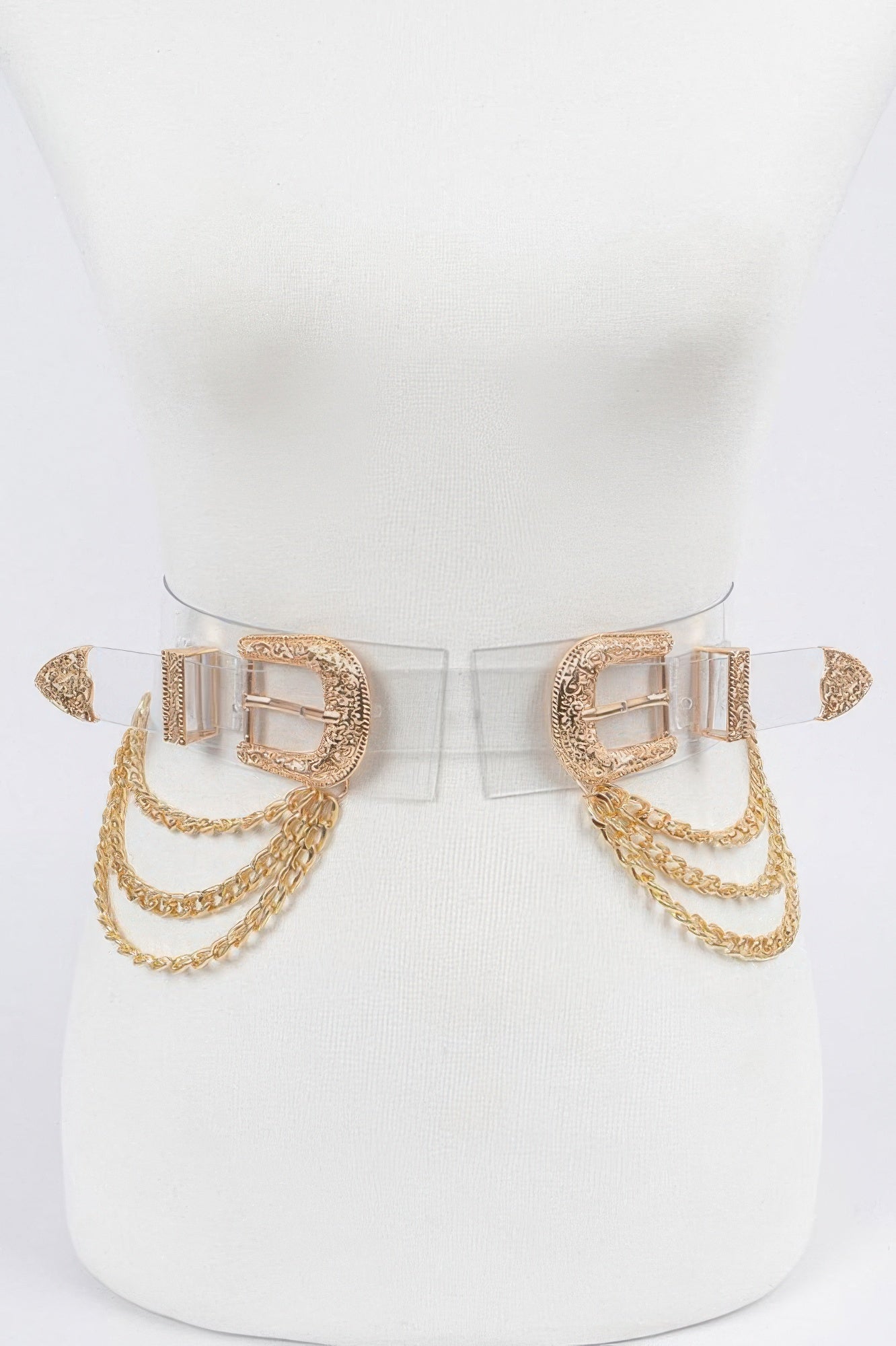 Metal buckle chain belt from Toshe Women's Fashions with a sleek, stylish design featuring a metal buckle and chain links.