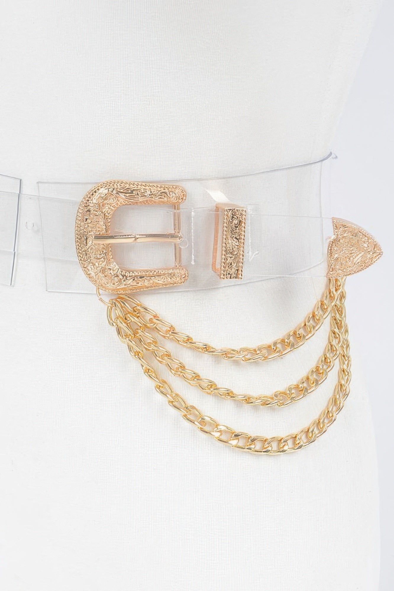 Metal buckle chain belt by Toshe Women's Fashions featuring a stylish metal buckle and chain design for trendy accessories.