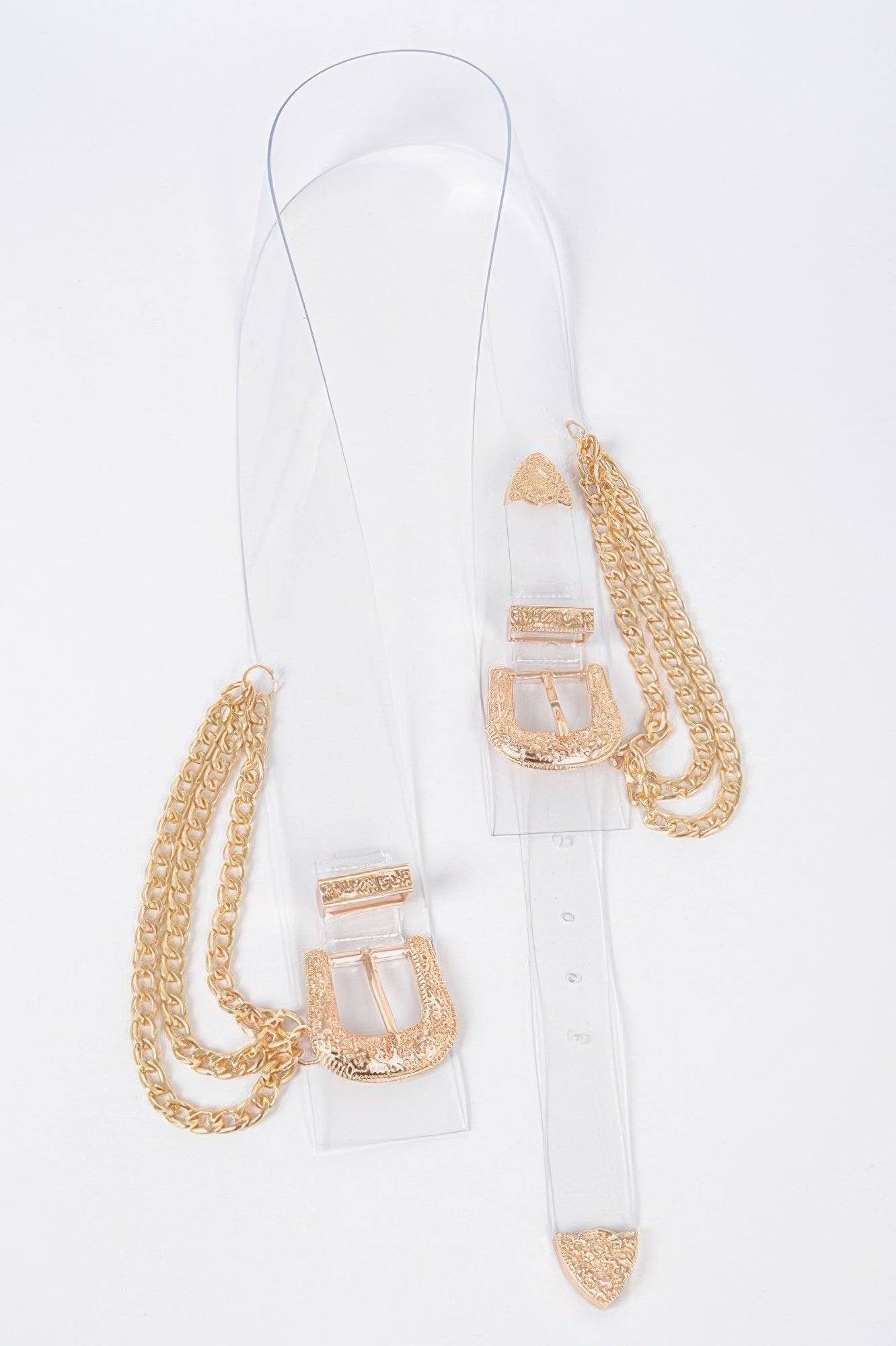 Metal buckle chain belt from Toshe Women's Fashions with a sleek silver design and adjustable length.