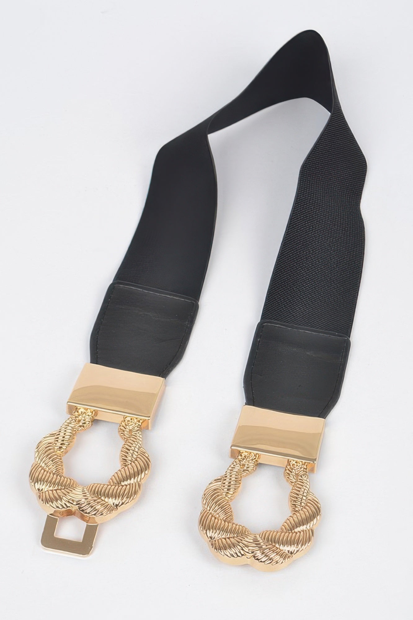 Twist link cuff elastic belt in black with silver-tone hardware, stylish accessory for women’s fashion.