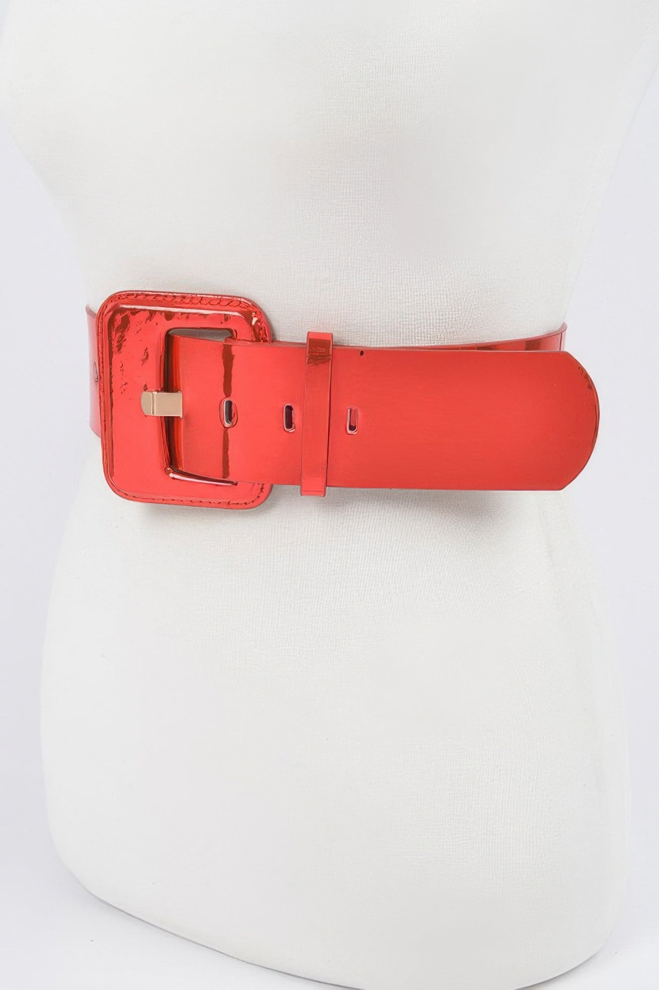 Shiny metallic wide belt from Toshe Women's Fashions, featuring a sleek design and adjustable buckle for stylish waist accent.