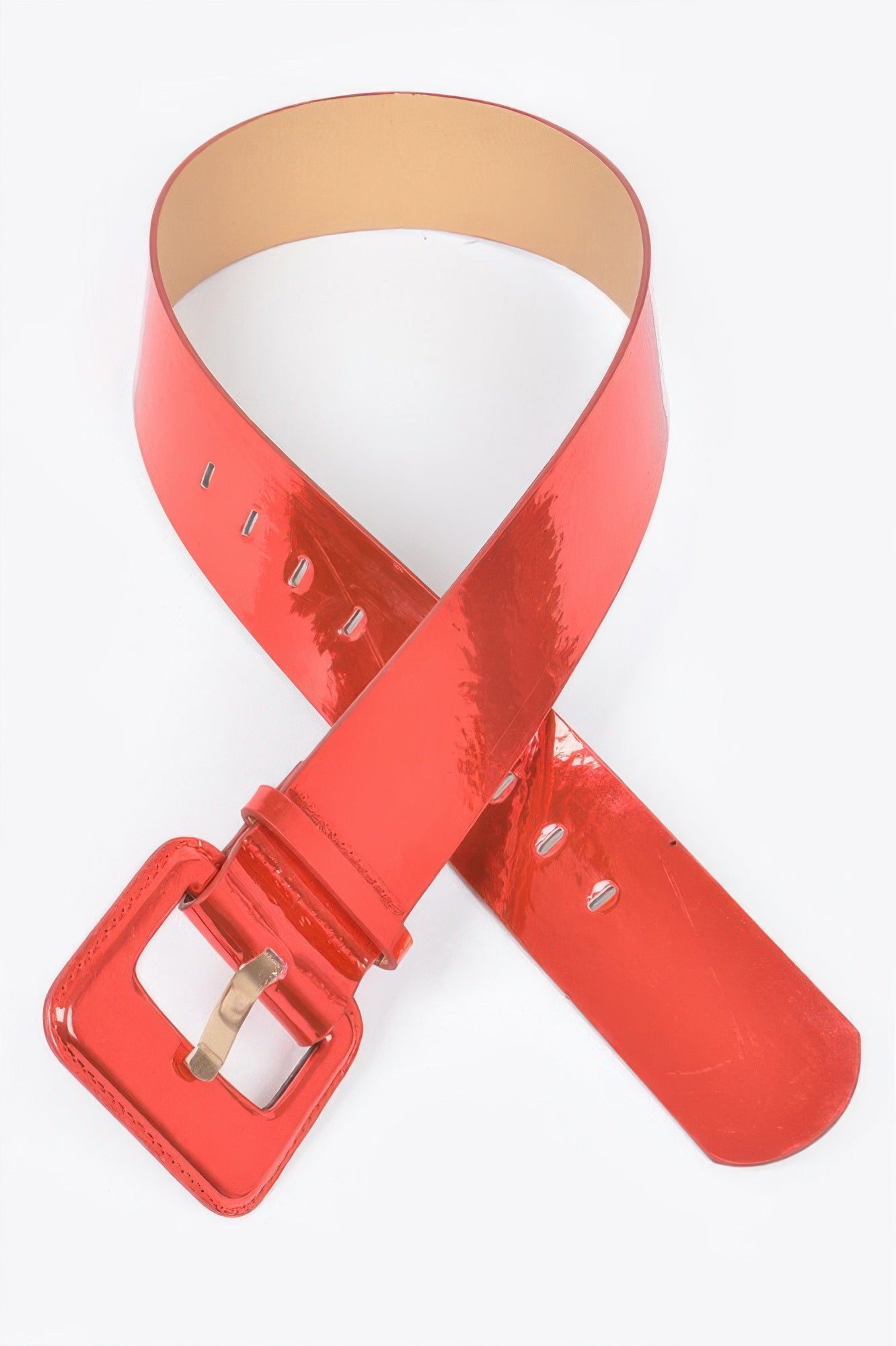 Metallic wide belt from Toshe Women's Fashions, featuring a shiny, reflective finish and adjustable buckle for stylish waist embellishment.