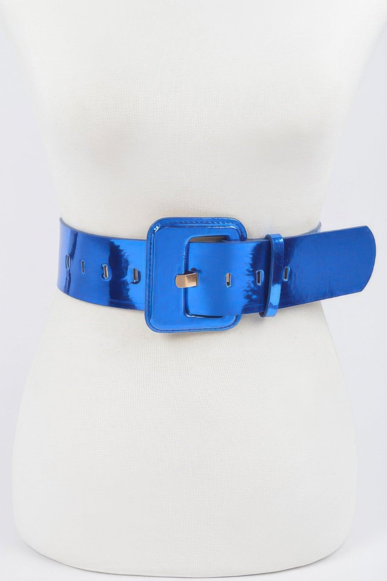 Metallic wide belt from Toshe Women's Fashions, featuring a shiny, reflective finish and a sleek design for stylish waist accent.
