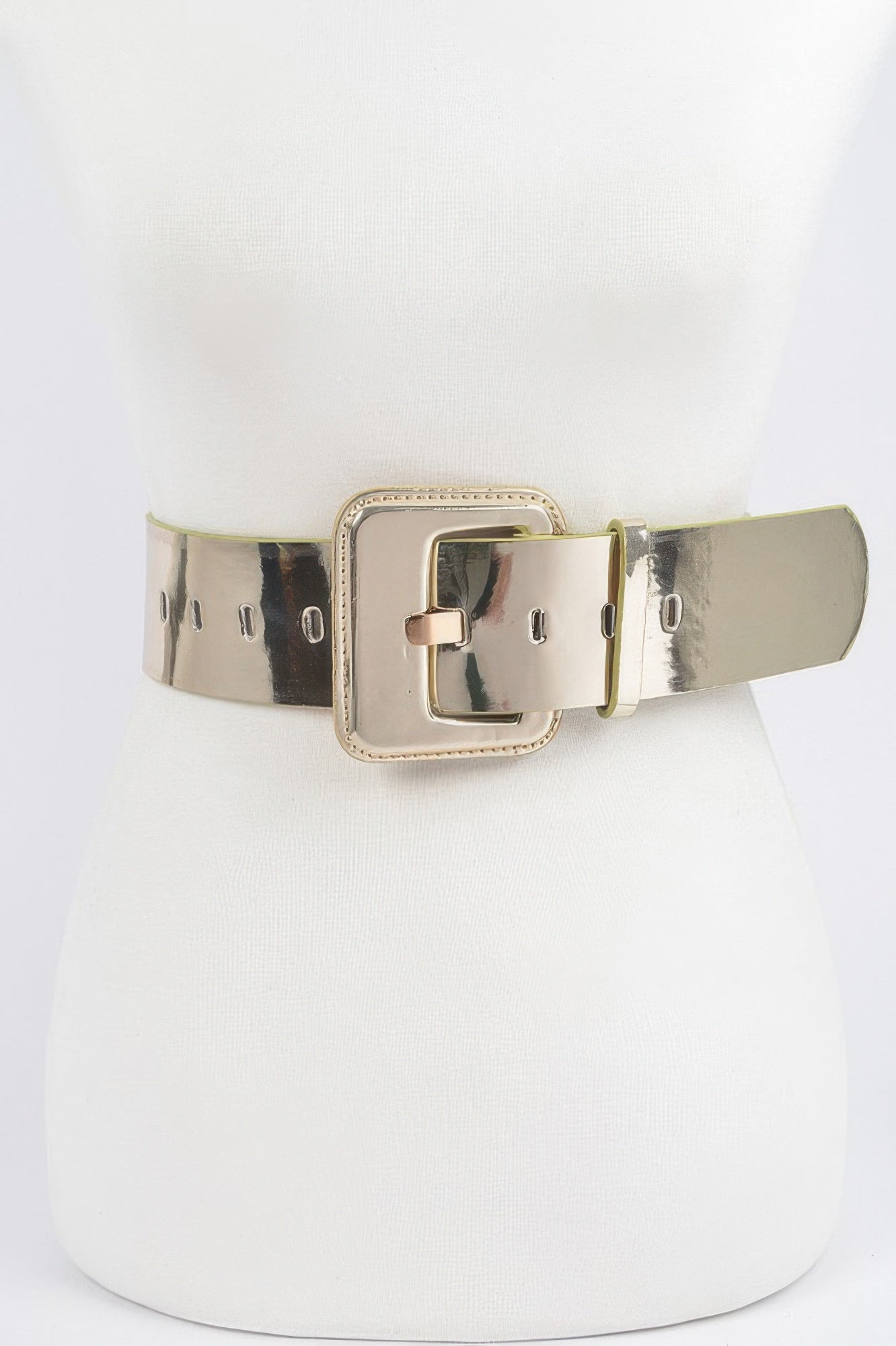 Metallic wide belt from Toshe Women's Fashions, featuring a shiny finish and adjustable buckle, ideal for stylish outfits.
