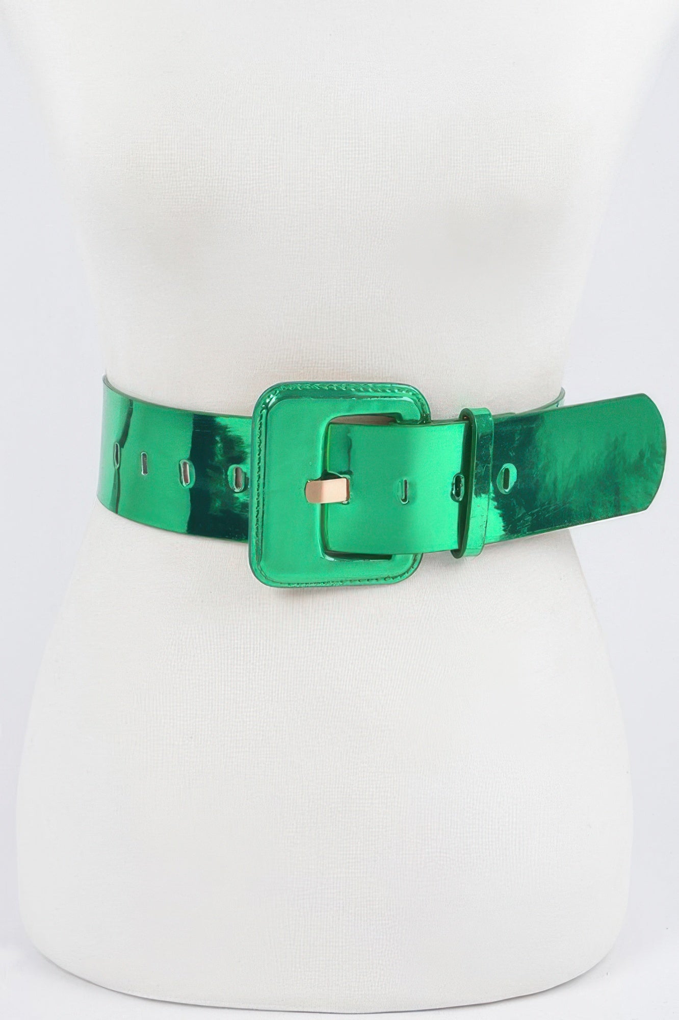 Metallic wide belt from Toshe Women's Fashions featuring shiny silver finish and adjustable strap.