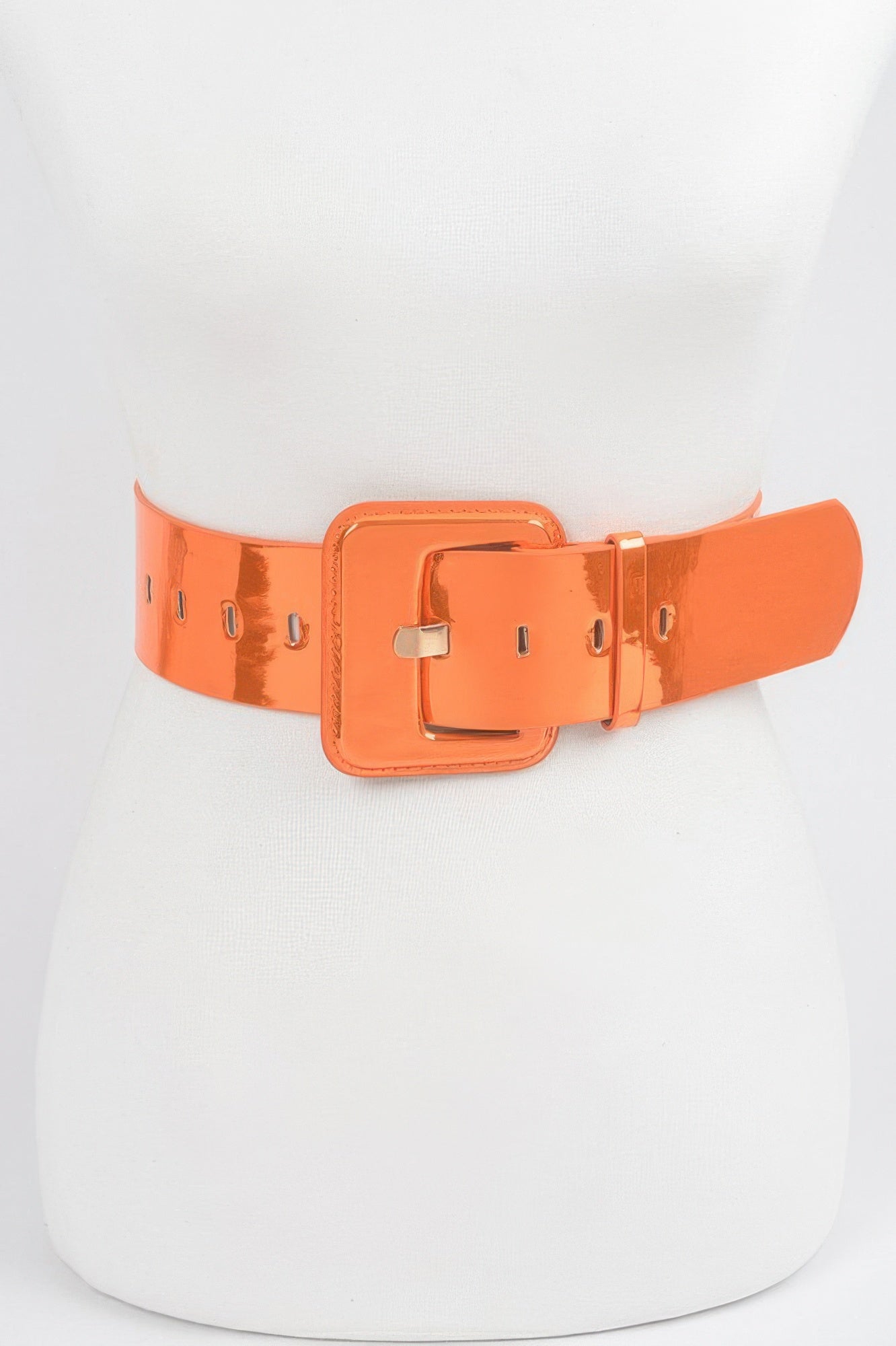 Metallic wide belt from Toshe Women's Fashions, featuring a shiny finish and adjustable buckle, styled for fashion-forward outfits.
