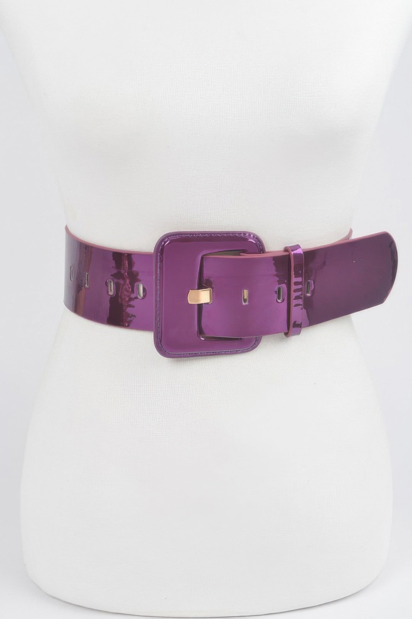 Metallic wide belt from Toshe Women's Fashions featuring a shiny, reflective finish and adjustable strap, ideal for stylish outfits.