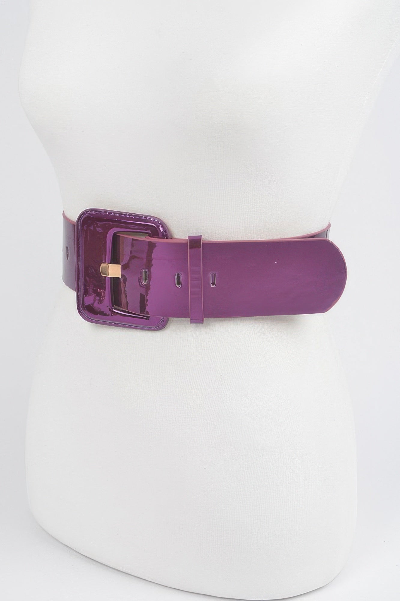 Metallic wide belt from Toshe Women's Fashions with shiny gold finish and adjustable buckle, styled over a dress.