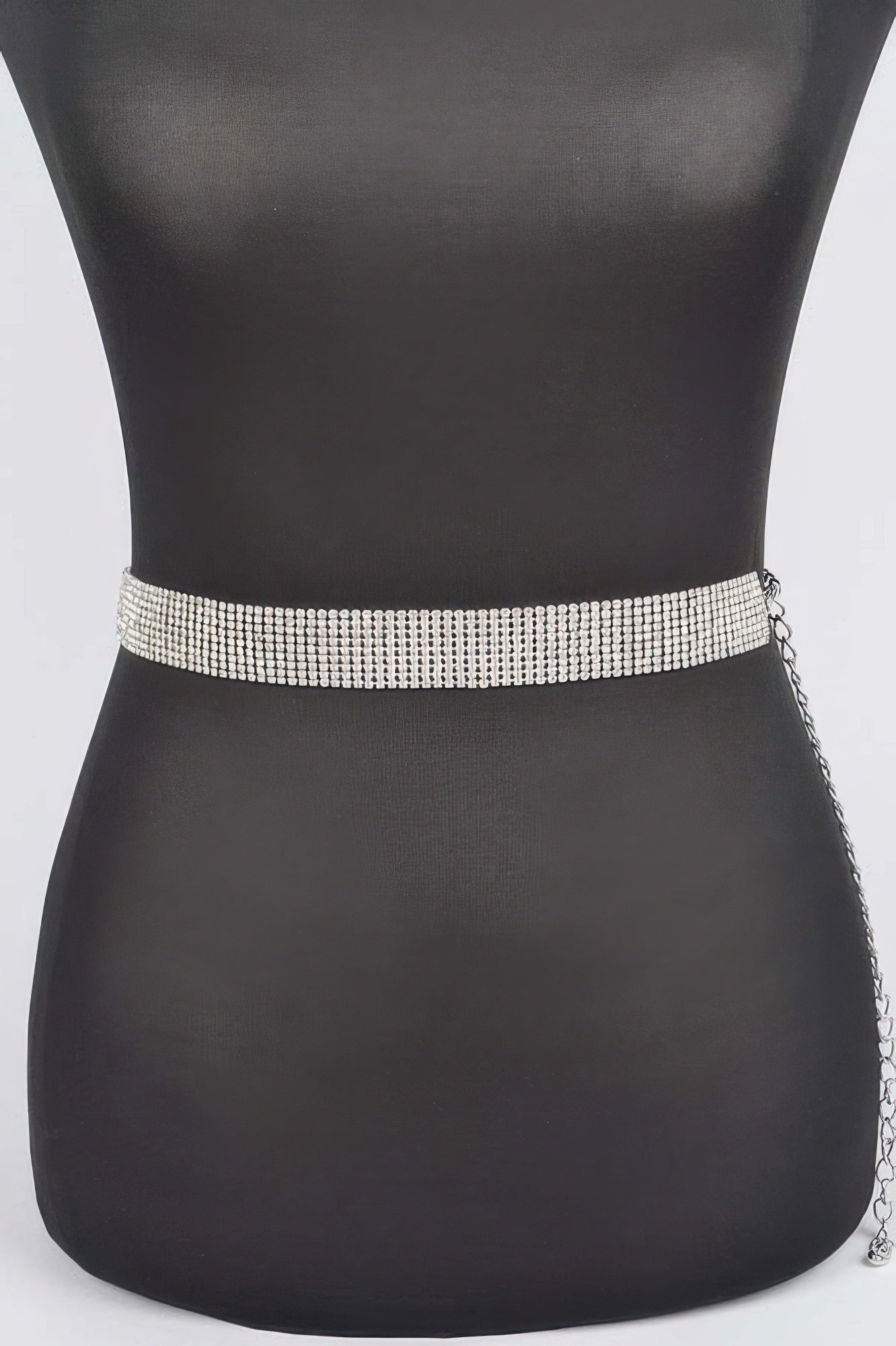 Shiny rhinestone belt from Toshe Women's Fashions with sparkling embellishments and adjustable strap on a neutral background.