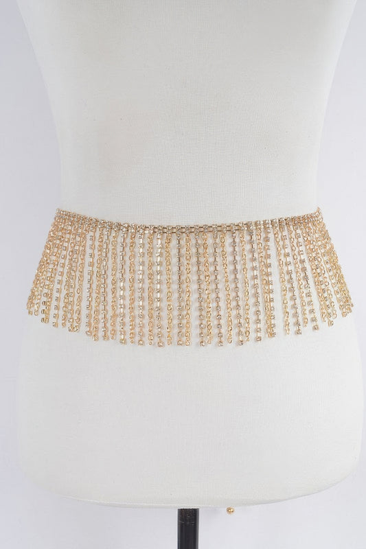 Shimmering rhinestone curtain belt from Toshe Women's Fashions, featuring sparkling rhinestones and a stylish design.