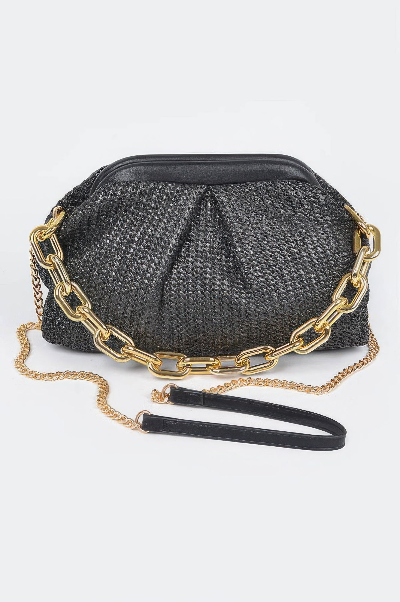 Faux straw frame bag with link chain strap, stylish accessory for women by Toshe Women's Fashions, featuring a woven straw design.