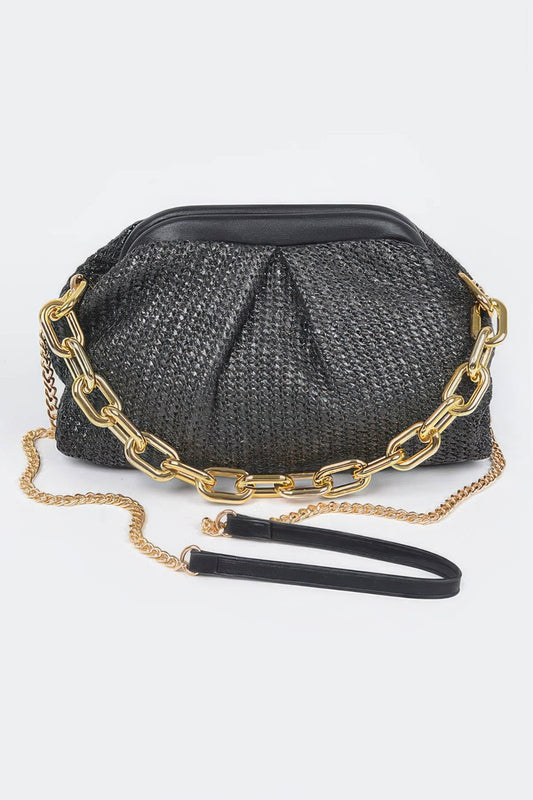 Faux straw frame bag with link chain strap, stylish accessory for women by Toshe Women's Fashions, featuring a woven straw design.
