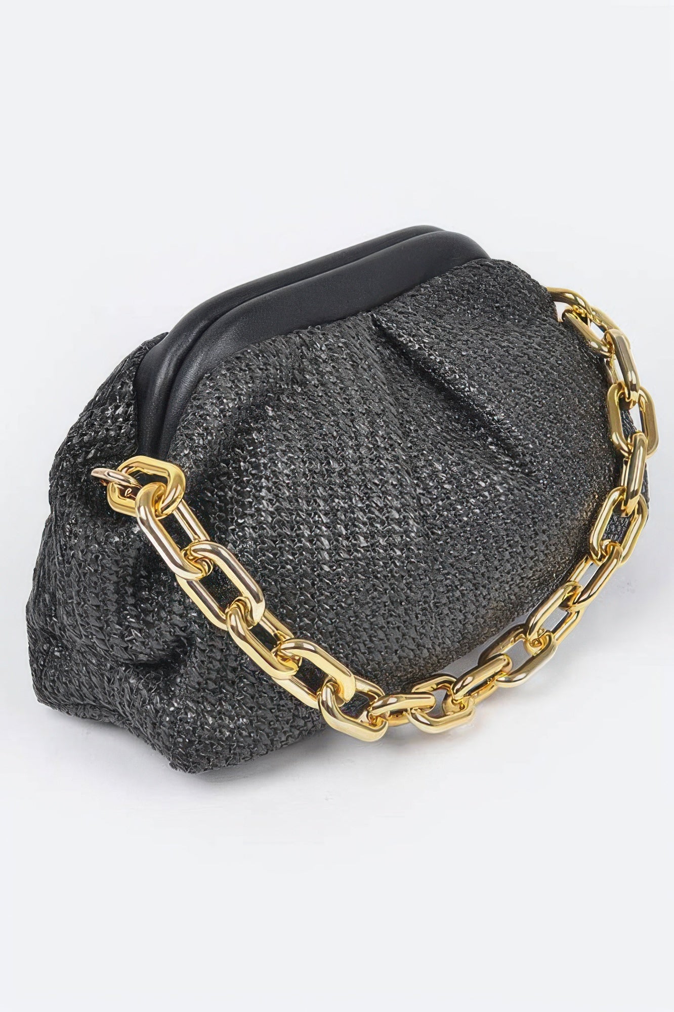 Faux straw frame bag with link chain strap, stylish Toshe Women's Fashions accessory, featuring a woven straw design and metallic chain handle.