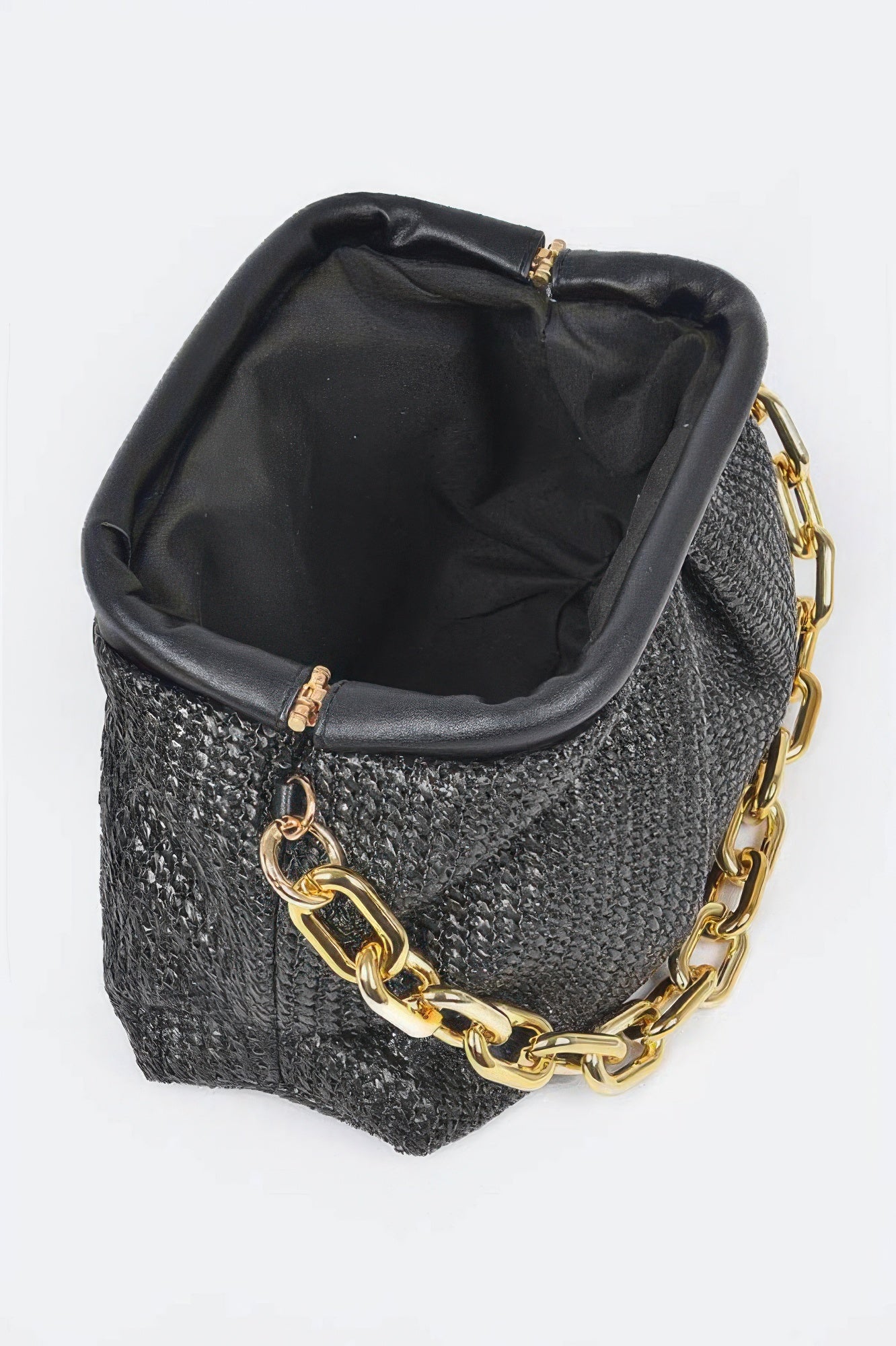 Faux straw frame bag with link chain strap, stylish women's fashion accessory, designed by Toshe Women’s Fashions.