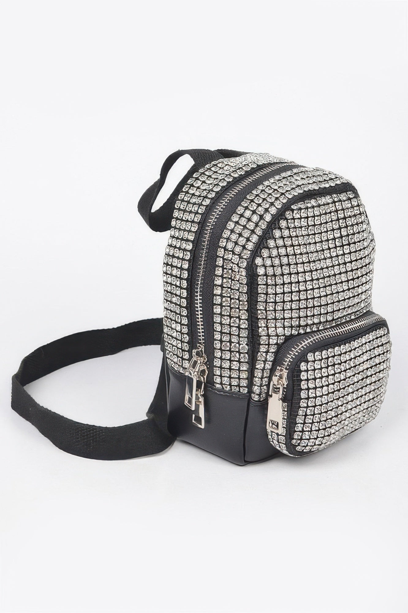 Rhinestone crossbody bag with sparkling embellishments, black design, and adjustable strap from Toshe Women's Fashions.