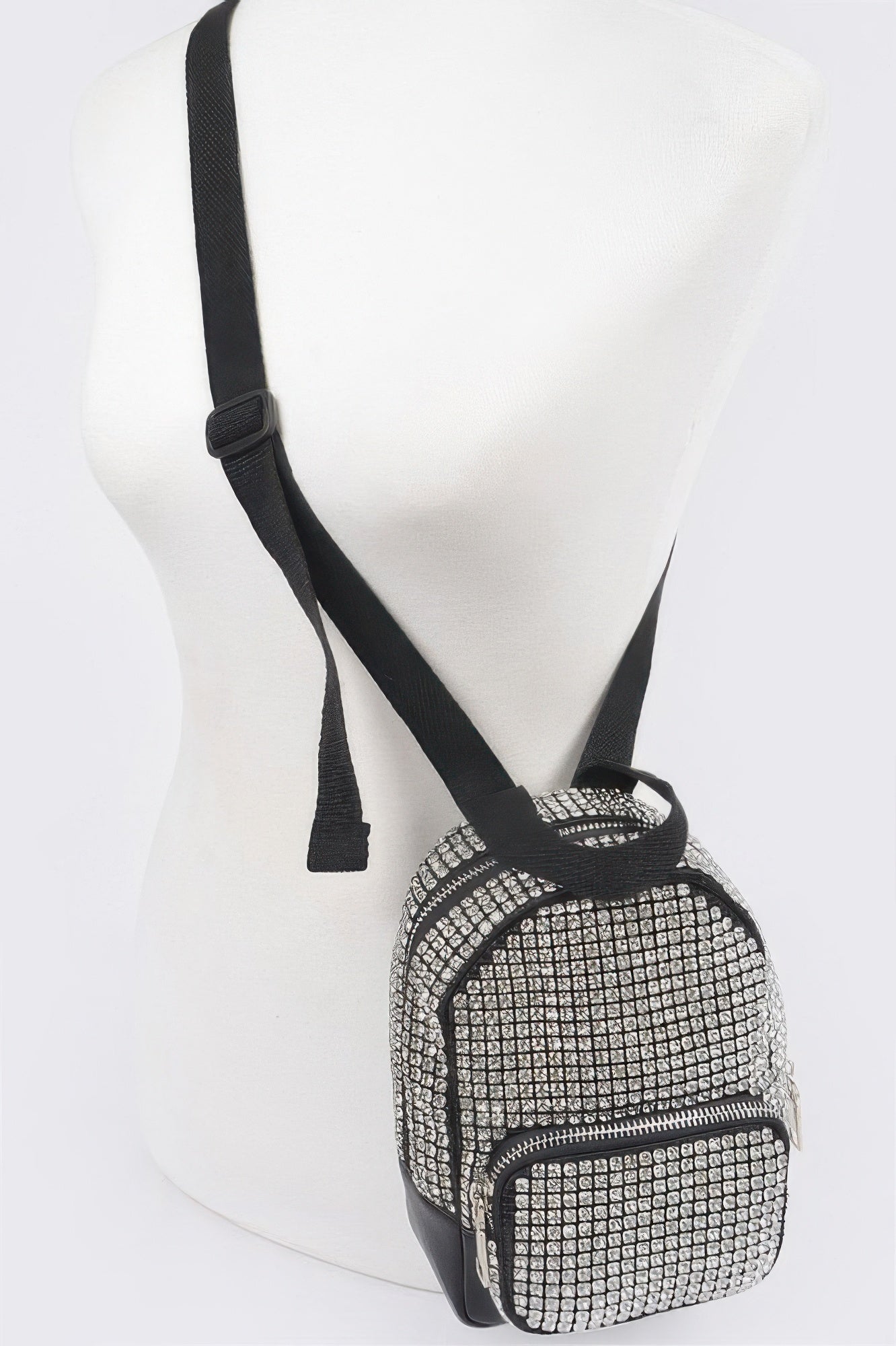 Shiny rhinestone crossbody bag with adjustable strap and metallic accents, designed by Toshe Women's Fashions.