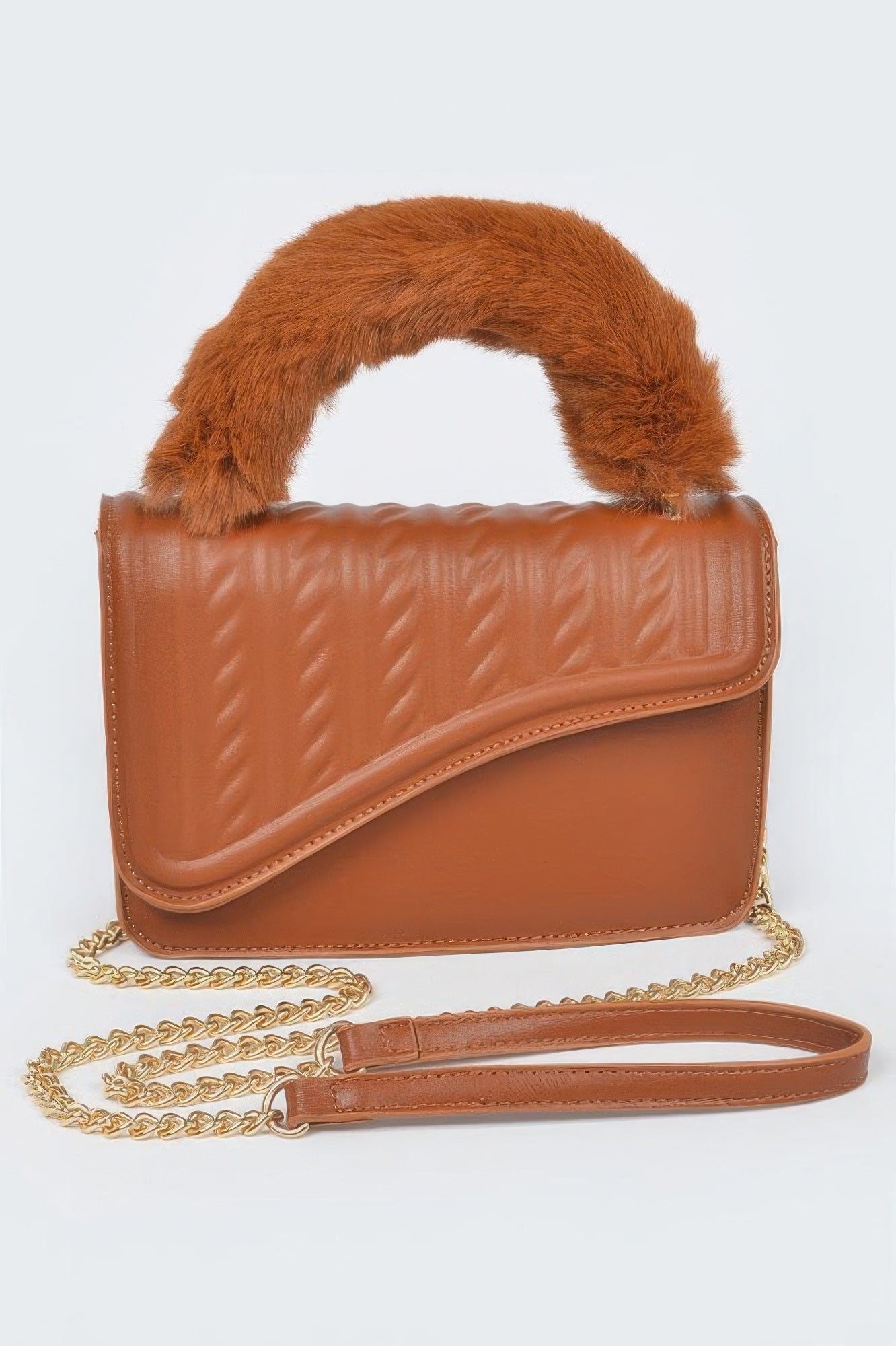 Furry handle textured flap bag by Toshe Women's Fashions with a soft, plush surface and a stylish flap closure.