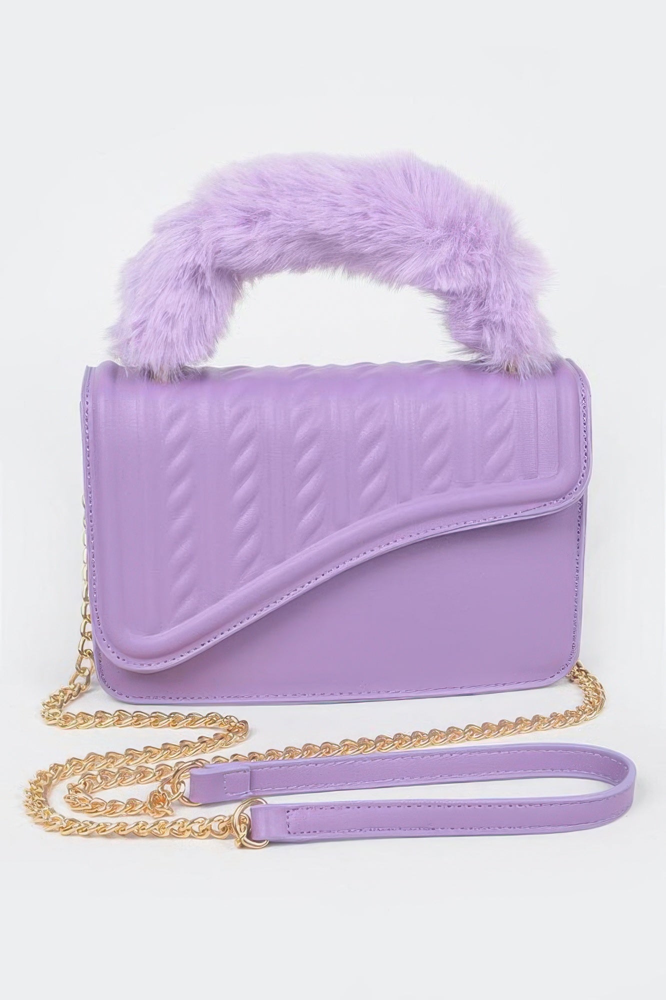 Furry textured flap bag with a handle, stylish design from Toshe Women's Fashions, featuring soft fur-like material and a sleek shape.