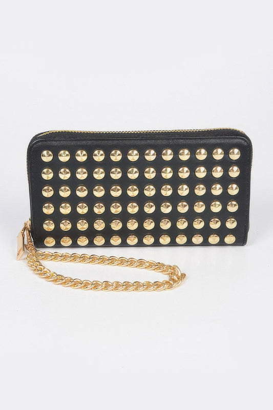 Studded wallet with chain from Toshe Women's Fashions, featuring multiple card slots and a sleek, stylish design.