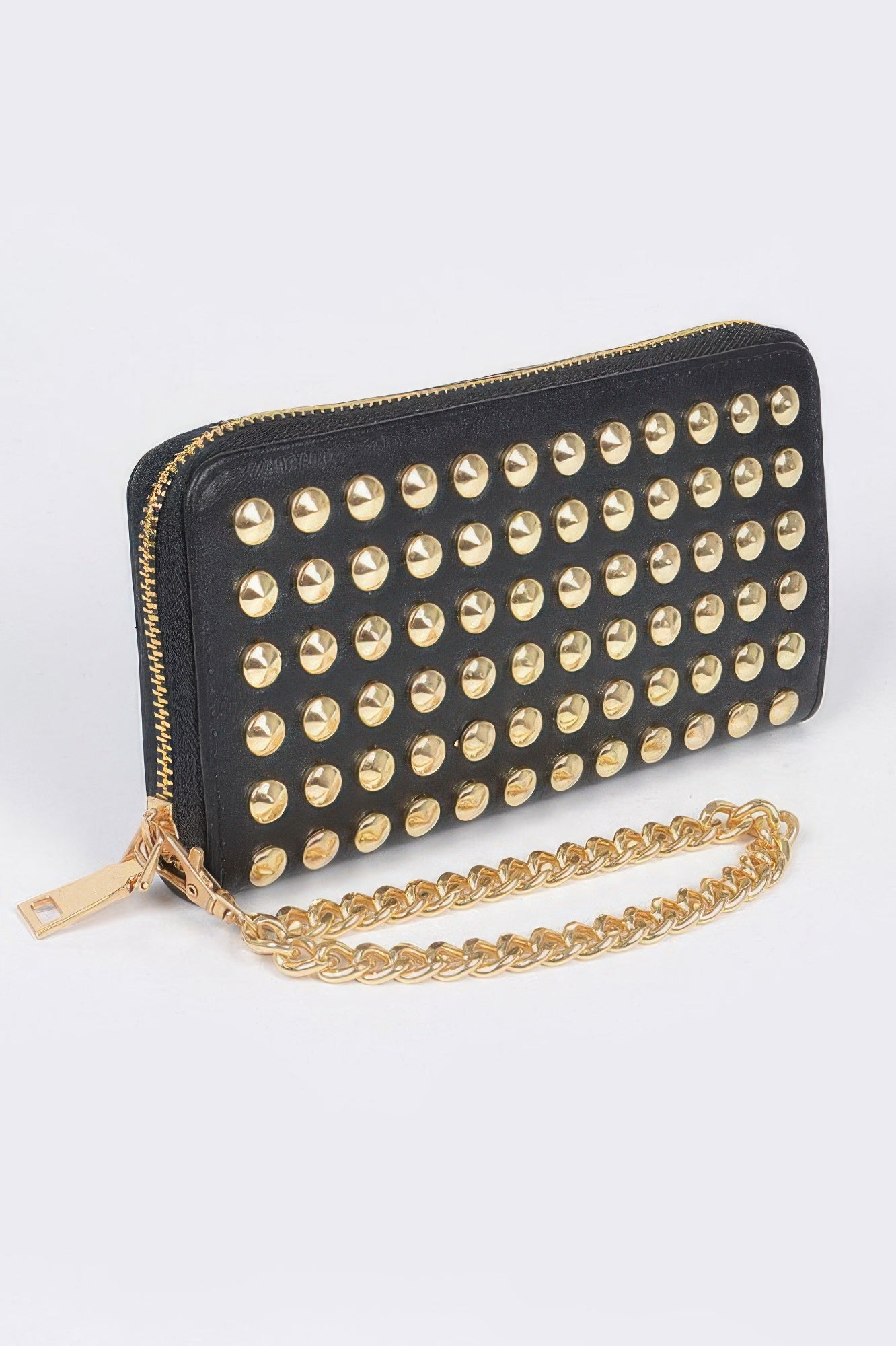 Studded wallet with chain from Toshe Women's Fashions featuring metal studs and a detachable chain strap.