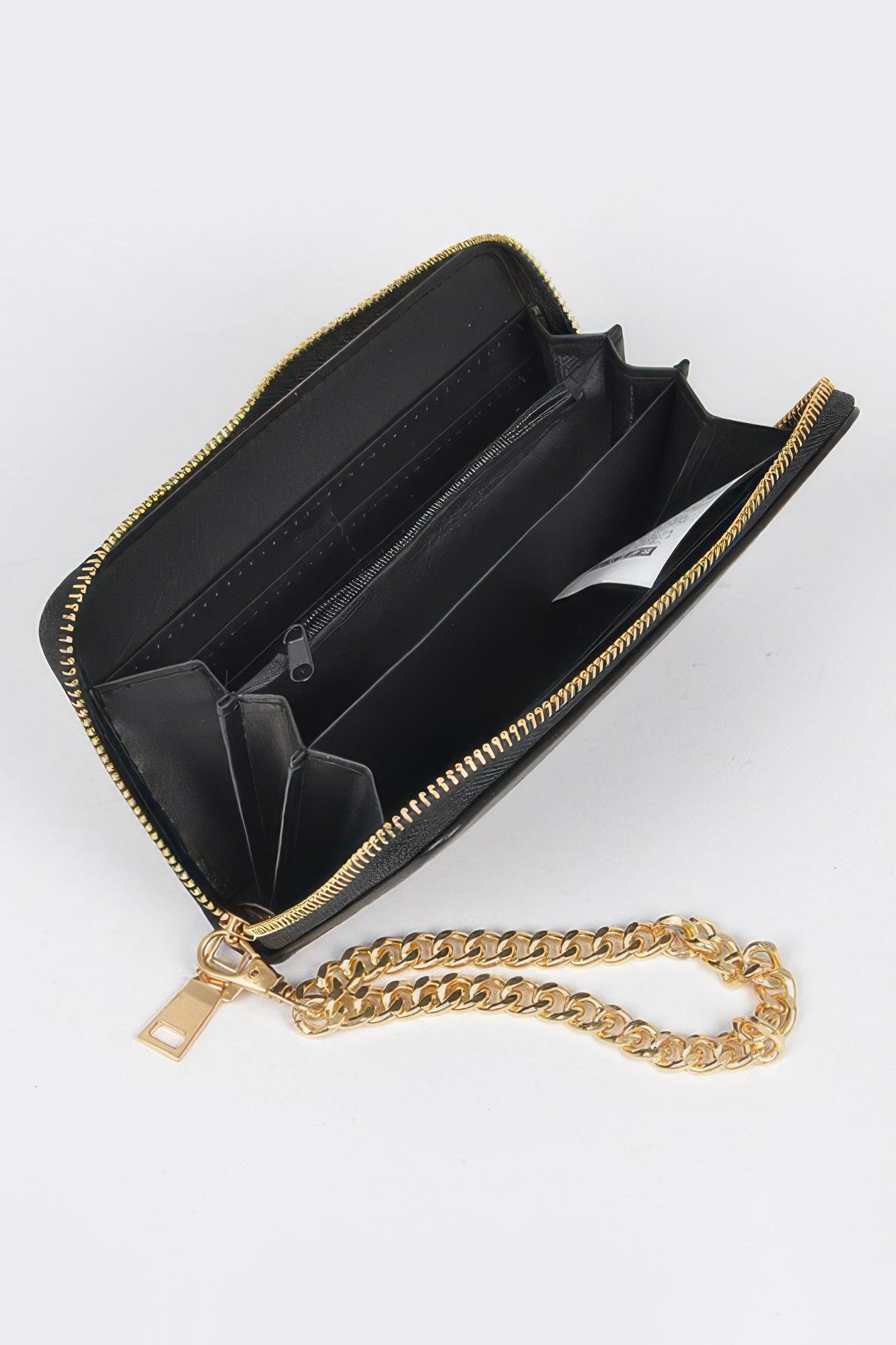 Black studded wallet with chain from Toshe Women's Fashions, featuring a sleek design and metal detailing.