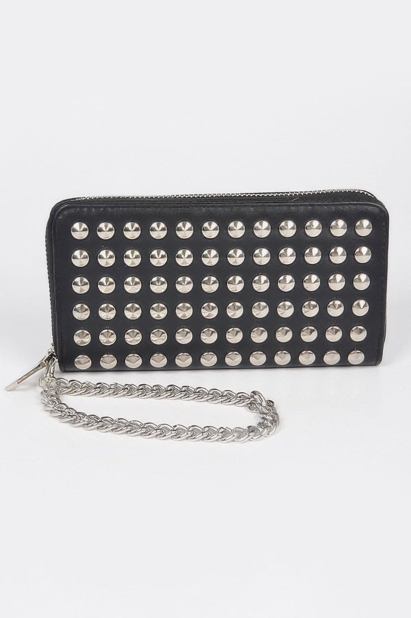 Studded leather wallet with chain from Toshe Women's Fashions, featuring metal stud accents and a secure clasp closure.
