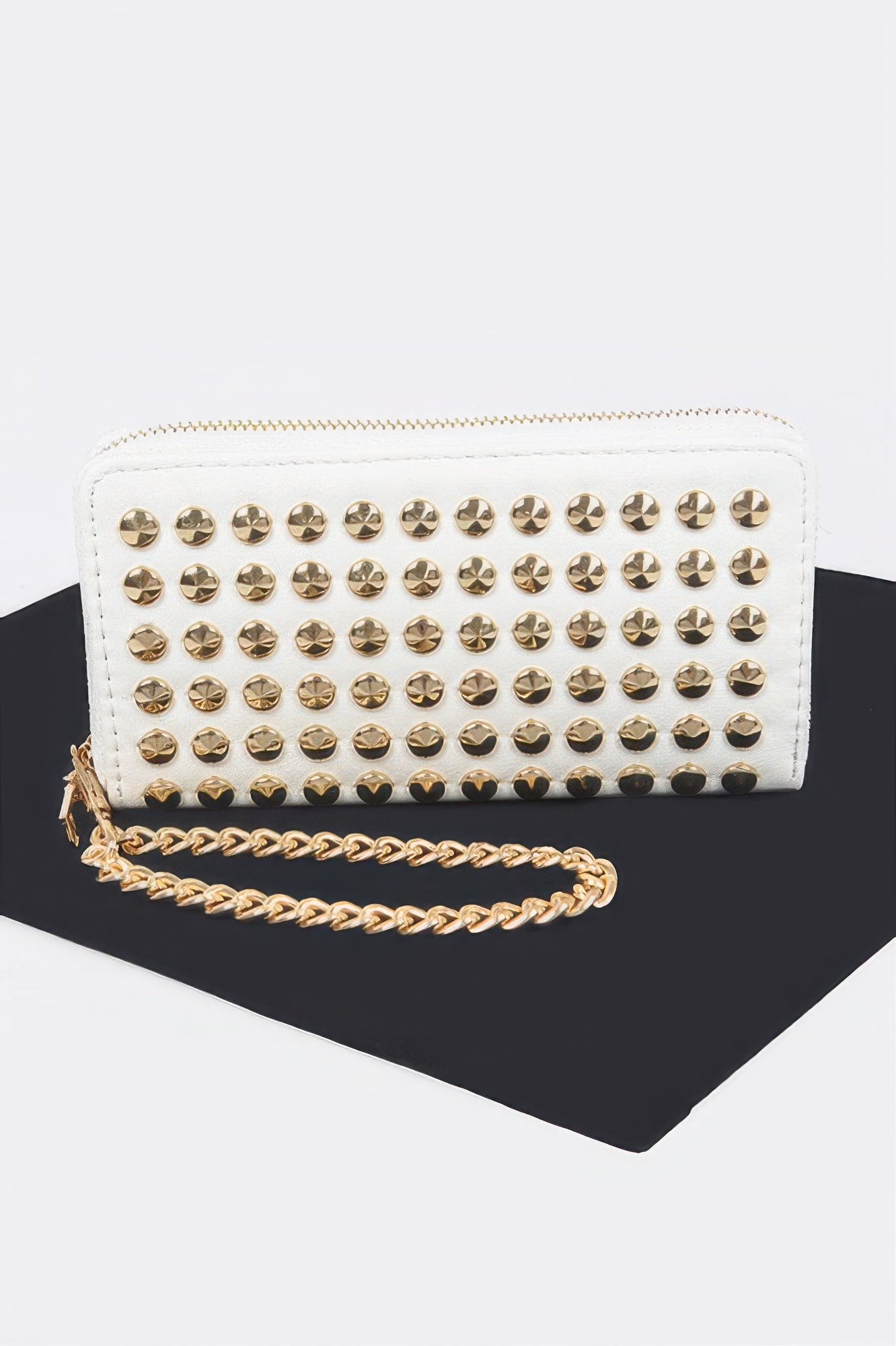Black studded wallet with chain from Toshe Women's Fashions, featuring metal stud accents and a secure zipper closure.