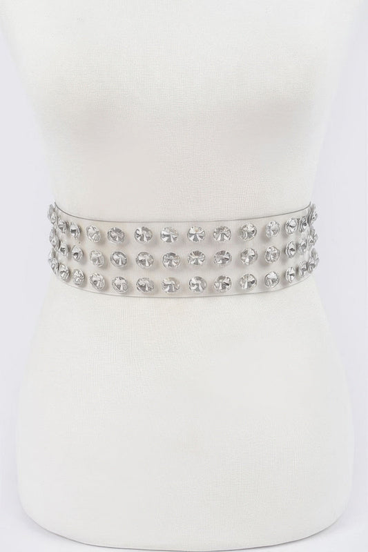 Large clear stone waist belt by Toshe Women's Fashions featuring multiple stones and a stylish design.
