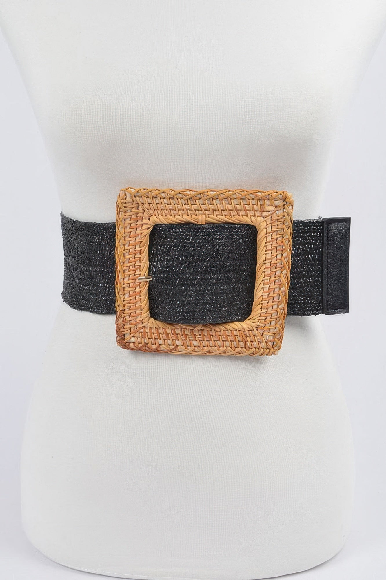 Oversized bamboo buckle waist elastic belt from Toshe Women's Fashions, featuring natural bamboo buckle and stretchy elastic strap.