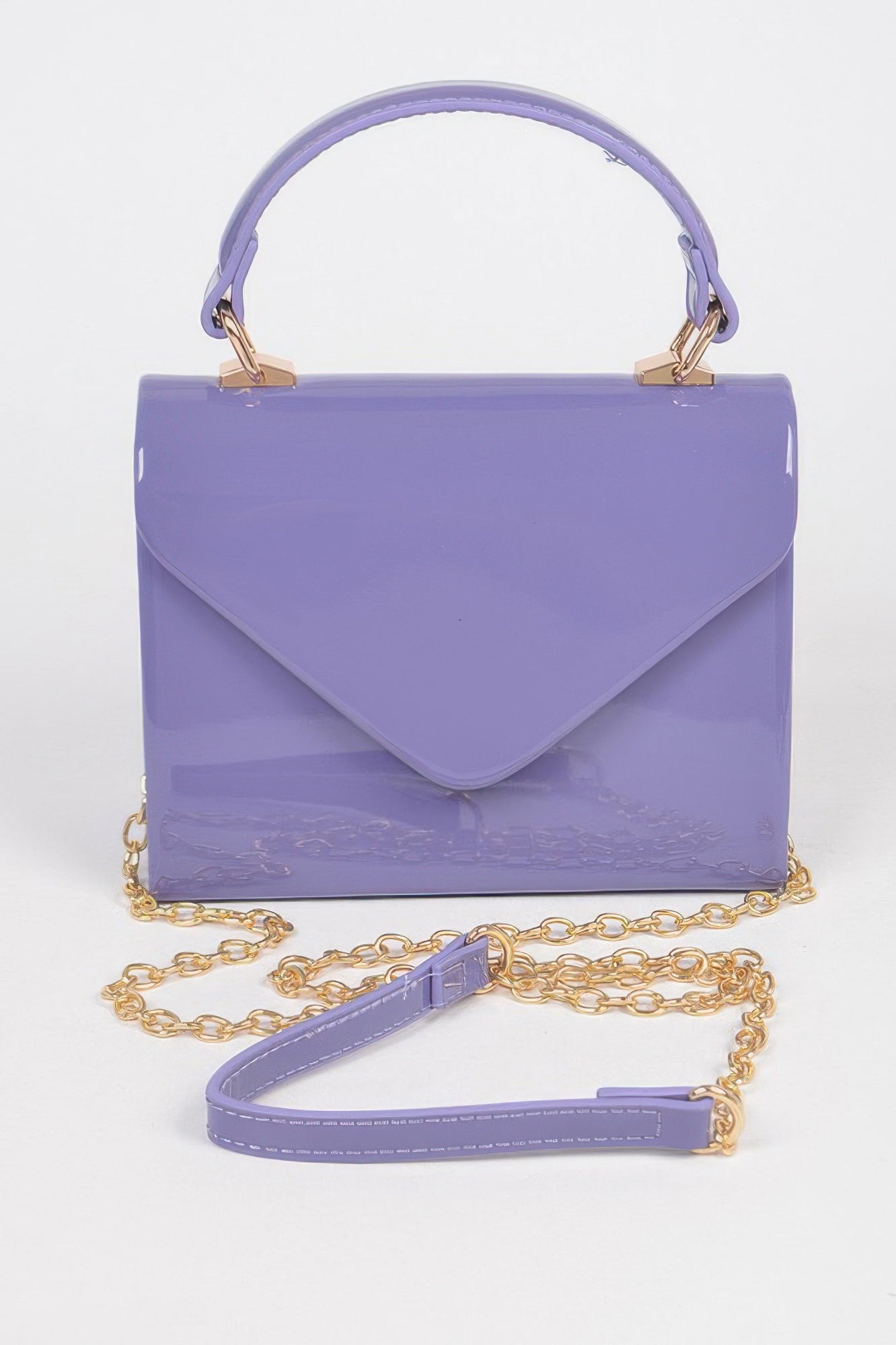 Enamel faux leather single handle clutch bag in black with gold accents, stylish accessory for women’s fashion.