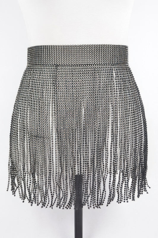 Shiny rhinestone fringe belt from Toshe Women's Fashions featuring sparkling embellishments and flowing fringe design.