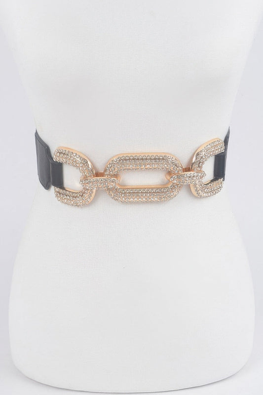 Toshe women's metal elastic waist belt with rhinestones, featuring a stylish design and adjustable fit.