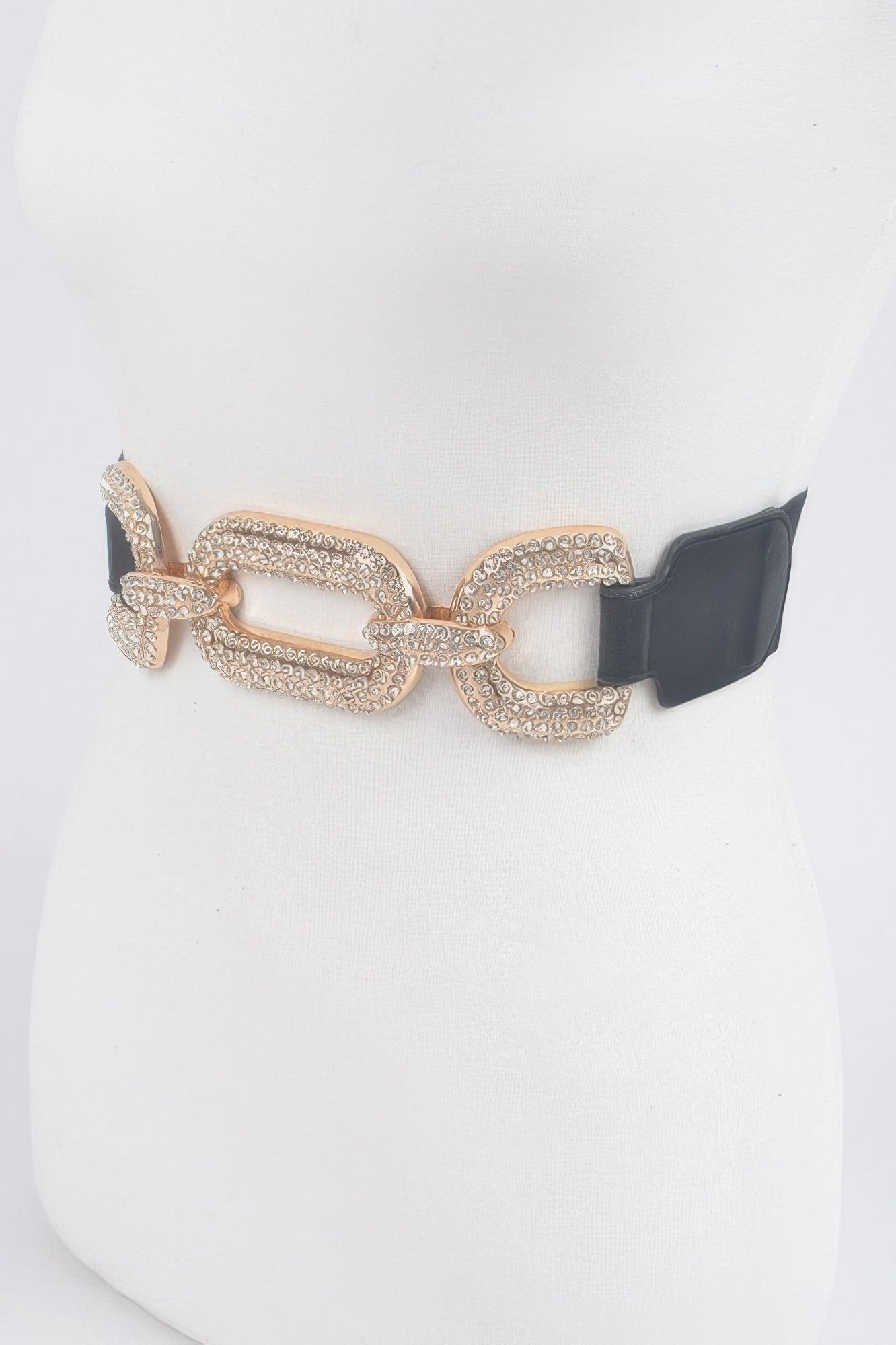 Toshe Women's Fashions metal elastic waist belt with rhinestones, featuring a shiny decorative buckle and adjustable fit.